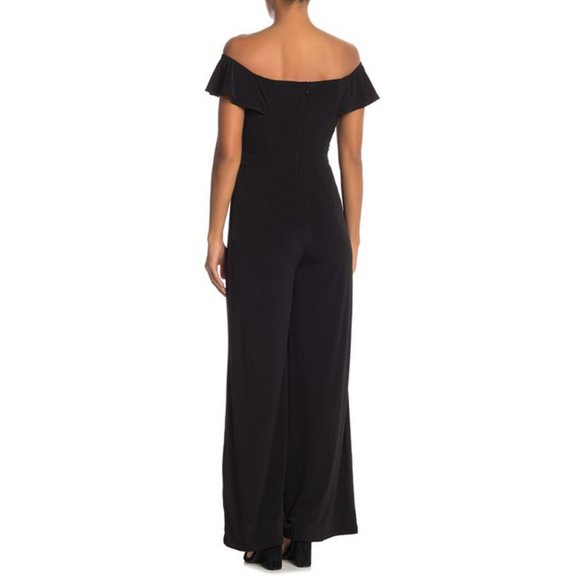 🌺SOLD🌺Eliza J | Black Off-the-Shoulder Ruffle Wide Leg Jumpsuit Pockets 6 - Picture 2 of 8